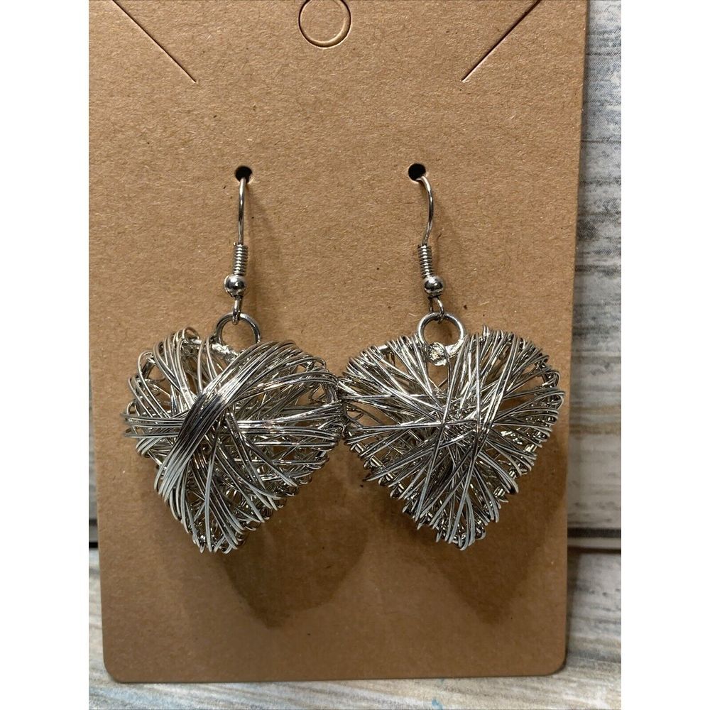 Wrapped Wire Cage Heart EARRINGS‎ Silver Tone Dangle NWOT
